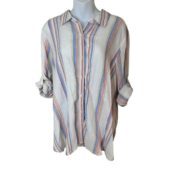 New Womens Large Linen Blend Multicolor Striped Button-Down Shirt Beach Resort - Picture 8 of 8